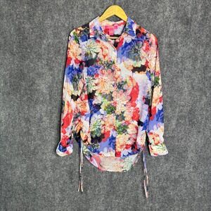 Catherine Malandrino Shirt Womens M‎ Floral Sheer Colorful Long Sleeve Button Up